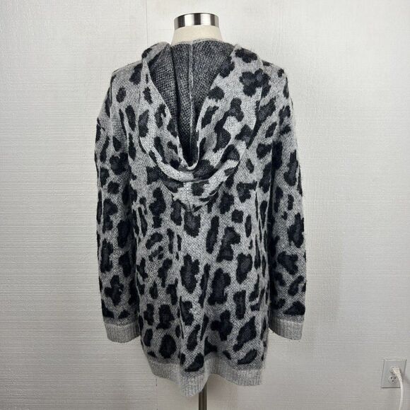 The Kooples Cardigan M Womens Gray Black Animal Print Mohair Wool Pockets Hooded - Picture 3 of 11